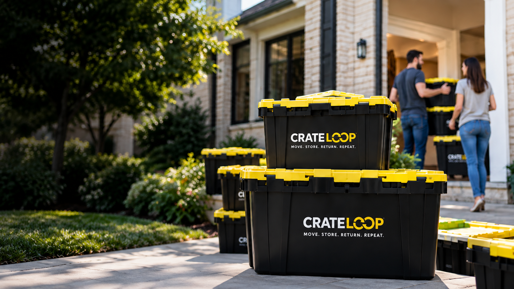 CrateLoop black moving crates with yellow lids outside a home in Greater Cincinnati