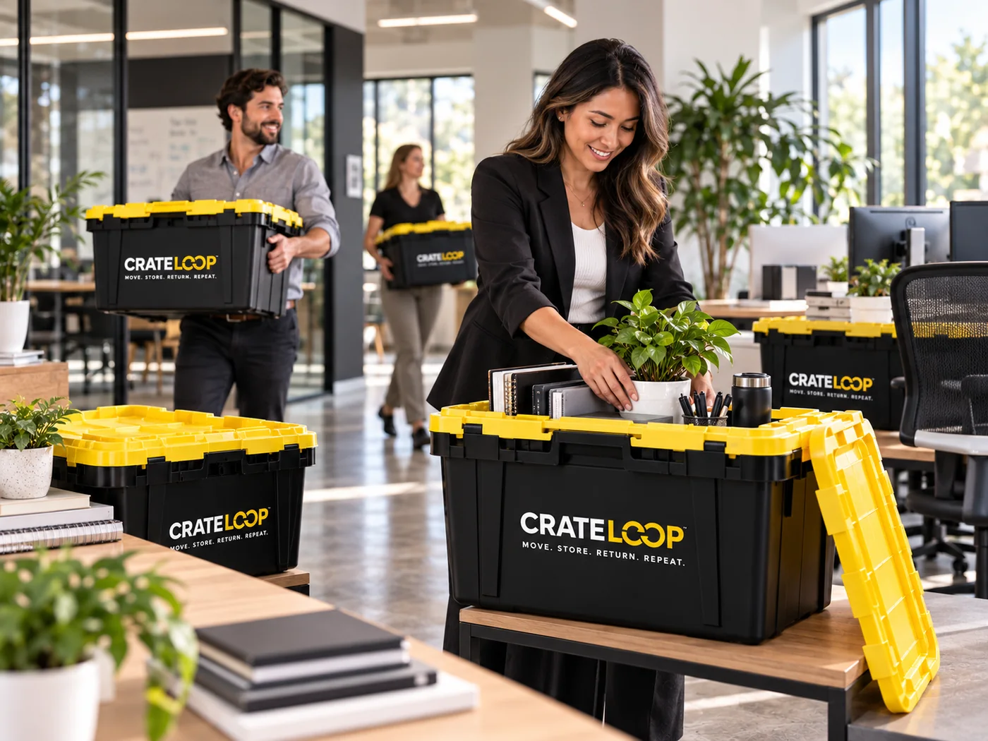 CrateLoop branded crates in a professional local business setting